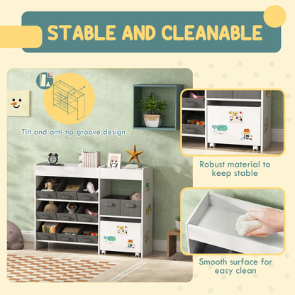 AIYAPLAY Kids Toy Storage Unit with 11 Bins, Cabinet, Top Shelves, 3 Stickers for Nursery, Playroom, White