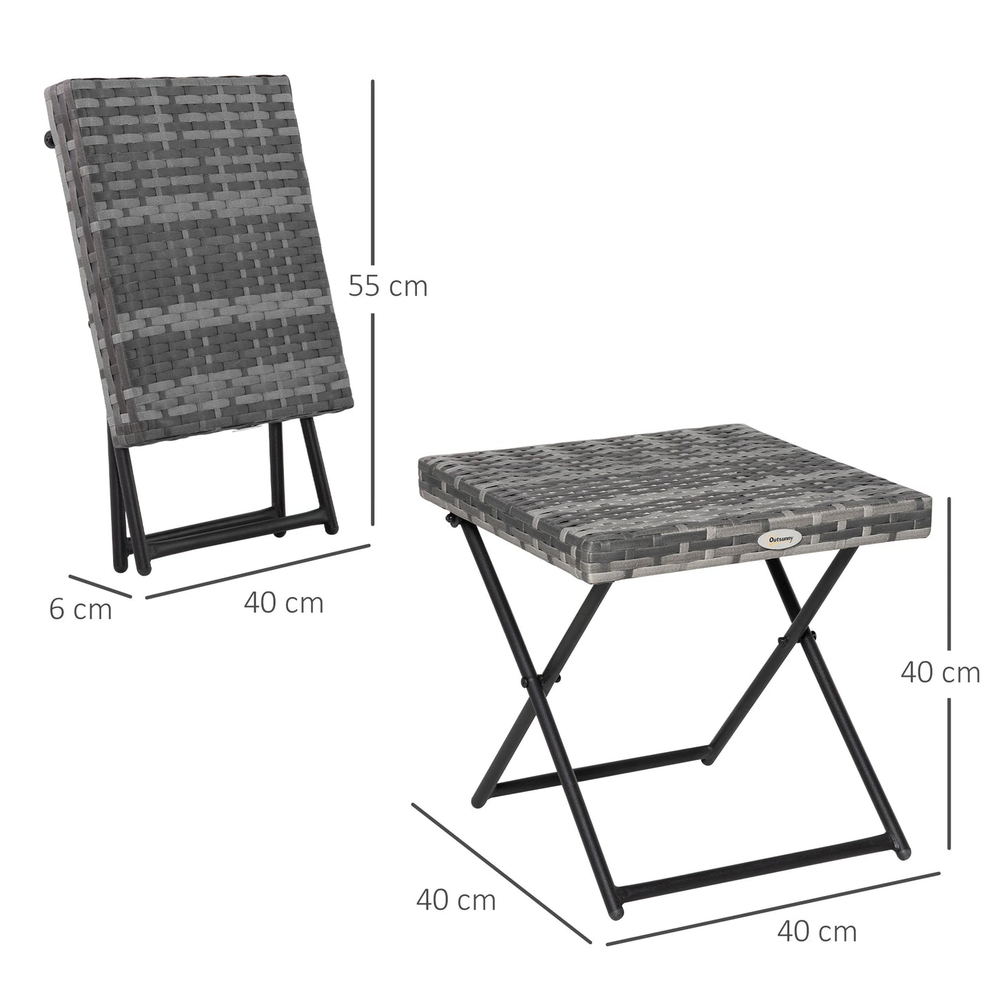 Outsunny Square PE Wicker Weave Rattan Folding Table, Weather Resistant Side Table with Steel Frame, Grey