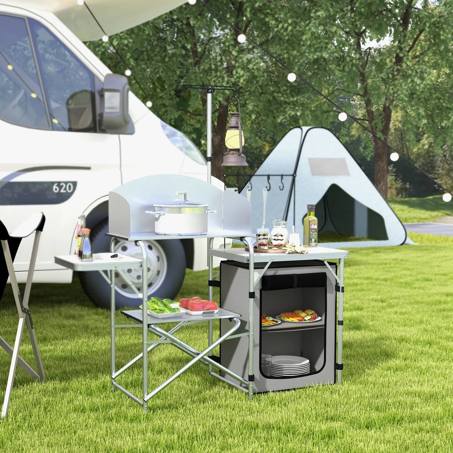Outsunny Multi-Feature Outdoor Folding Camping & Hiking Kitchen, with Wind Shield