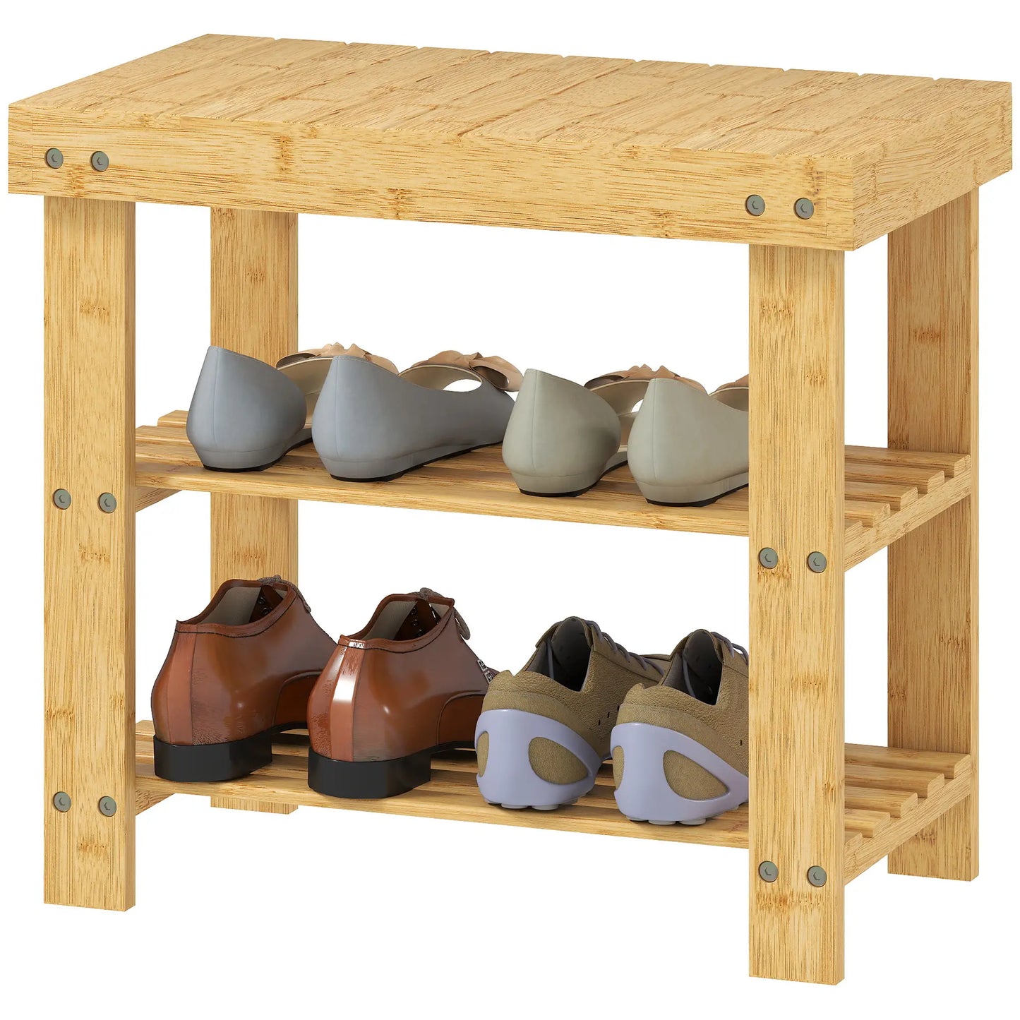 HOMCOM Two Shelf Bamboo Shoe Storage Bench Home Furniture - Natural Finish