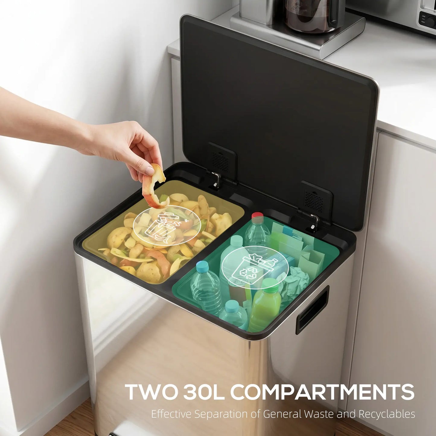 HOMCOM 60L Dual Compartment Stainless Steel Bin with Deodoriser Holders - Silver Tone