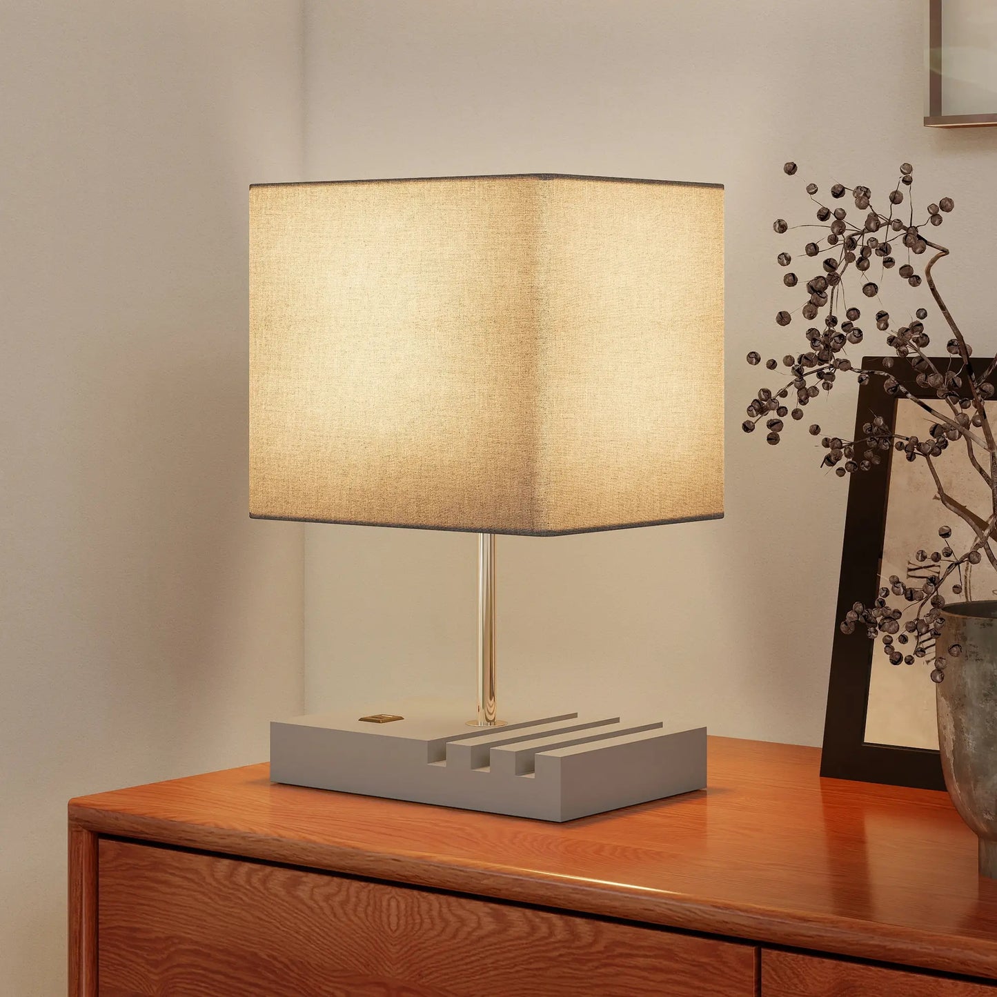 HOMCOM Bedside Lamp with USB A+C Charging Ports & 3 Phone Stands, Table Lamp with Wood Base, Grey