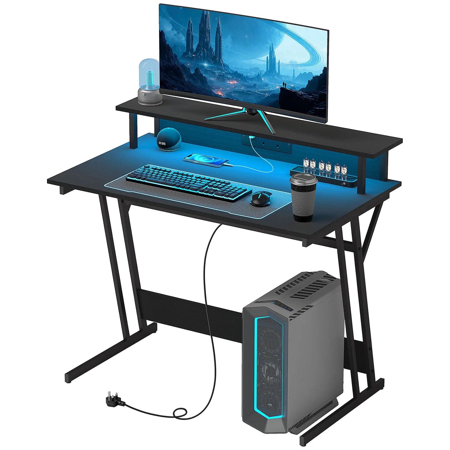 HOMCOM Two-Level LED Gaming Desk, Office Home Computer Table - Black