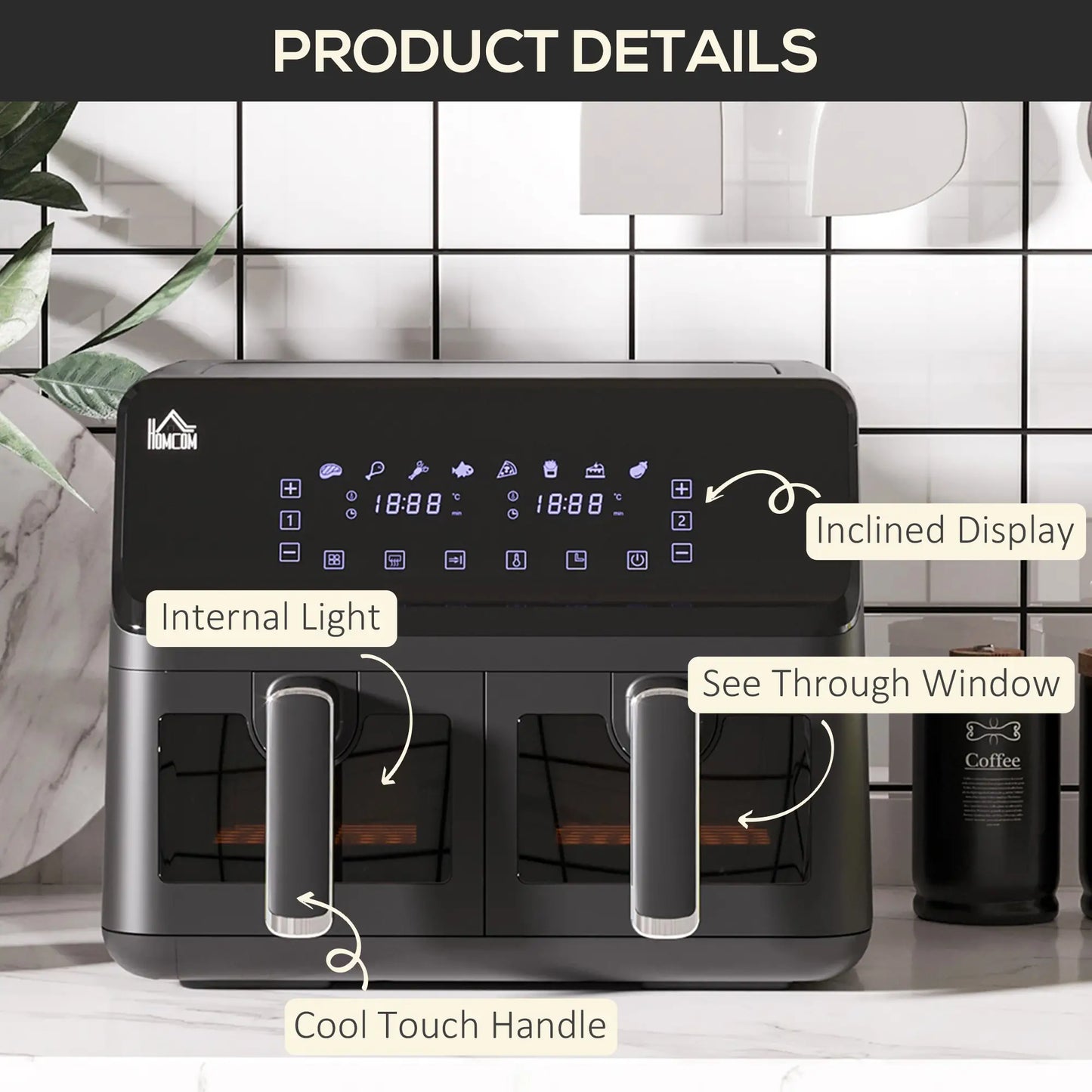 HOMCOM 8L Dual Basket Air Fryer, 8-in-1 Air Fryer Oven with Digital Display, Timer, Preheat for Oil Free Low Fat Cooking, 2500W