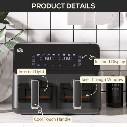 HOMCOM 8L Dual Basket Air Fryer, 8-in-1 Air Fryer Oven with Digital Display, Timer, Preheat for Oil Free Low Fat Cooking, 2500W