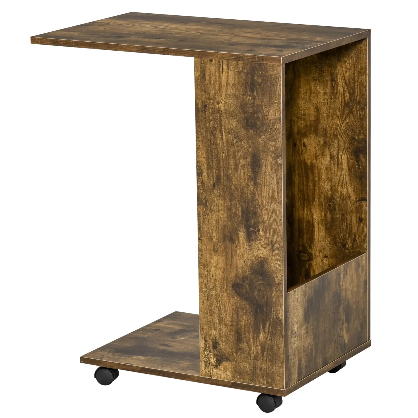 HOMCOM Mobile Sofa Side Table C-Shape End Table with Storage & Casters for Laptop Coffee Snack, Rustic Brown