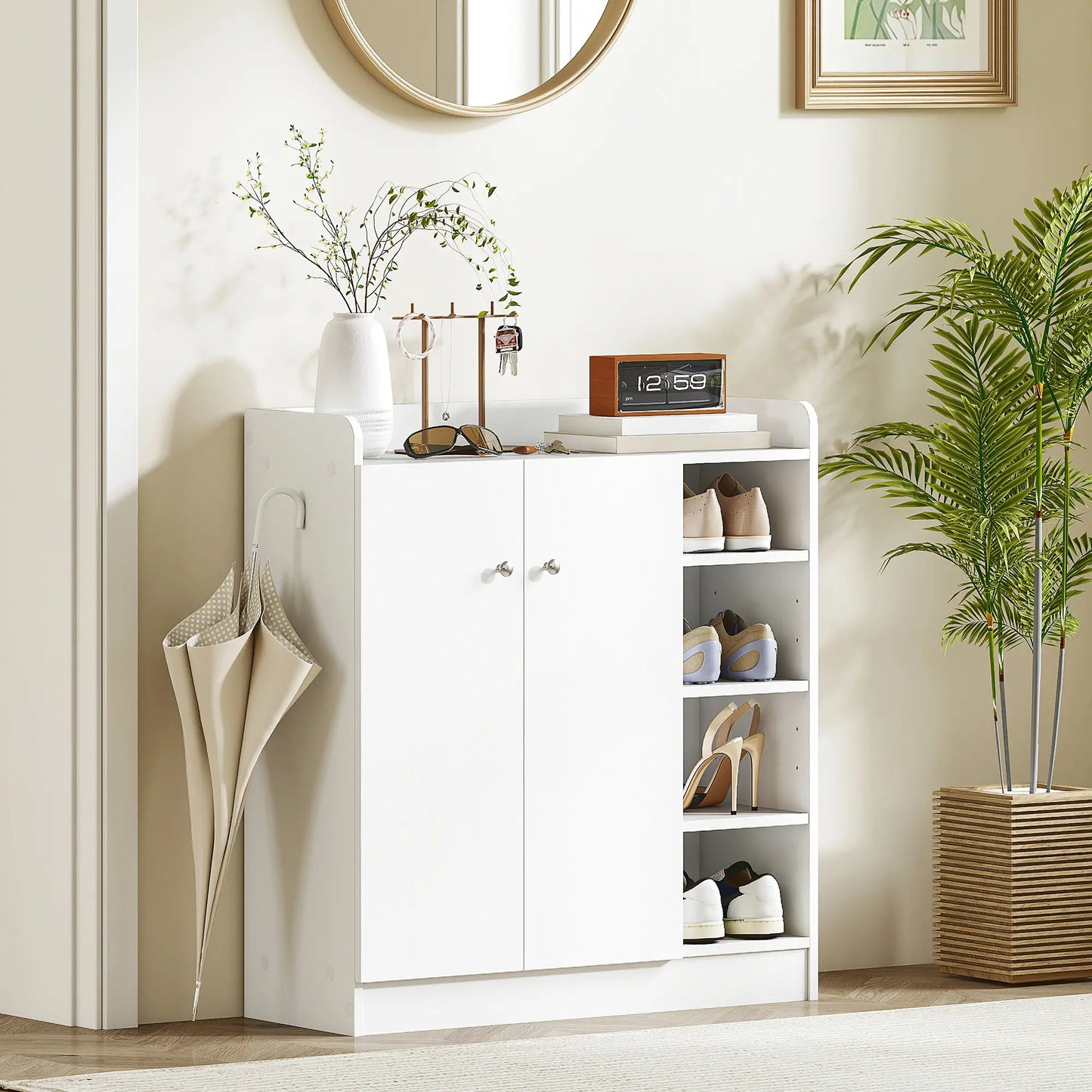 HOMCOM Shoe Storage Cabinet Two Doors w/ Adjustable 4 Shelves Cupboard Footwear Rack Stand Organiser, White