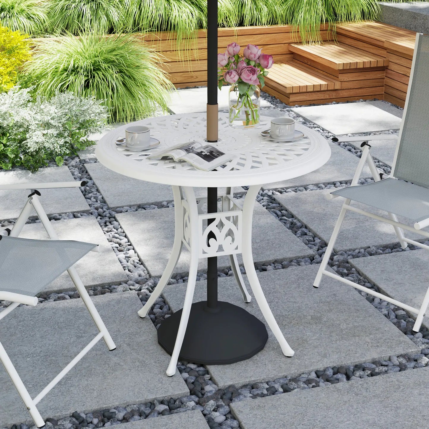 Outsunny Round Garden Dining Table with Parasol Hole Antique Cast Aluminium Outdoor Table Only, White