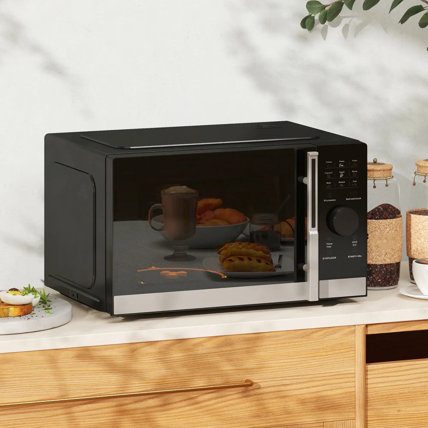 HOMCOM Small Digital Solo 23L 800W Microwave Oven with 10 Power Levels, Automatic Defrost, 8 Auto Cook Menus, 60 Minutes Timer, Black