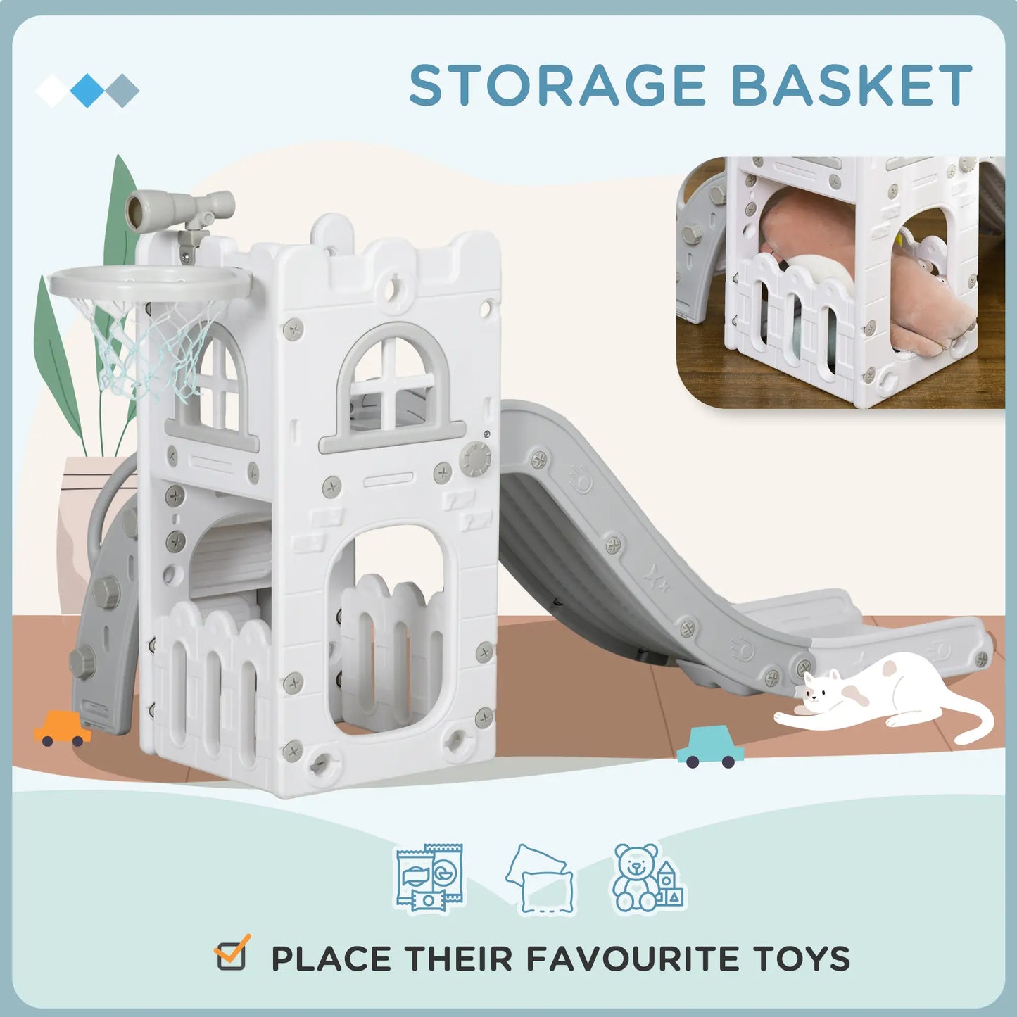 AIYAPLAY 4 in 1 Toddler Slide with Basketball Hoop, Climber, Telescope, Storage Basket, 1-3 Years, Grey