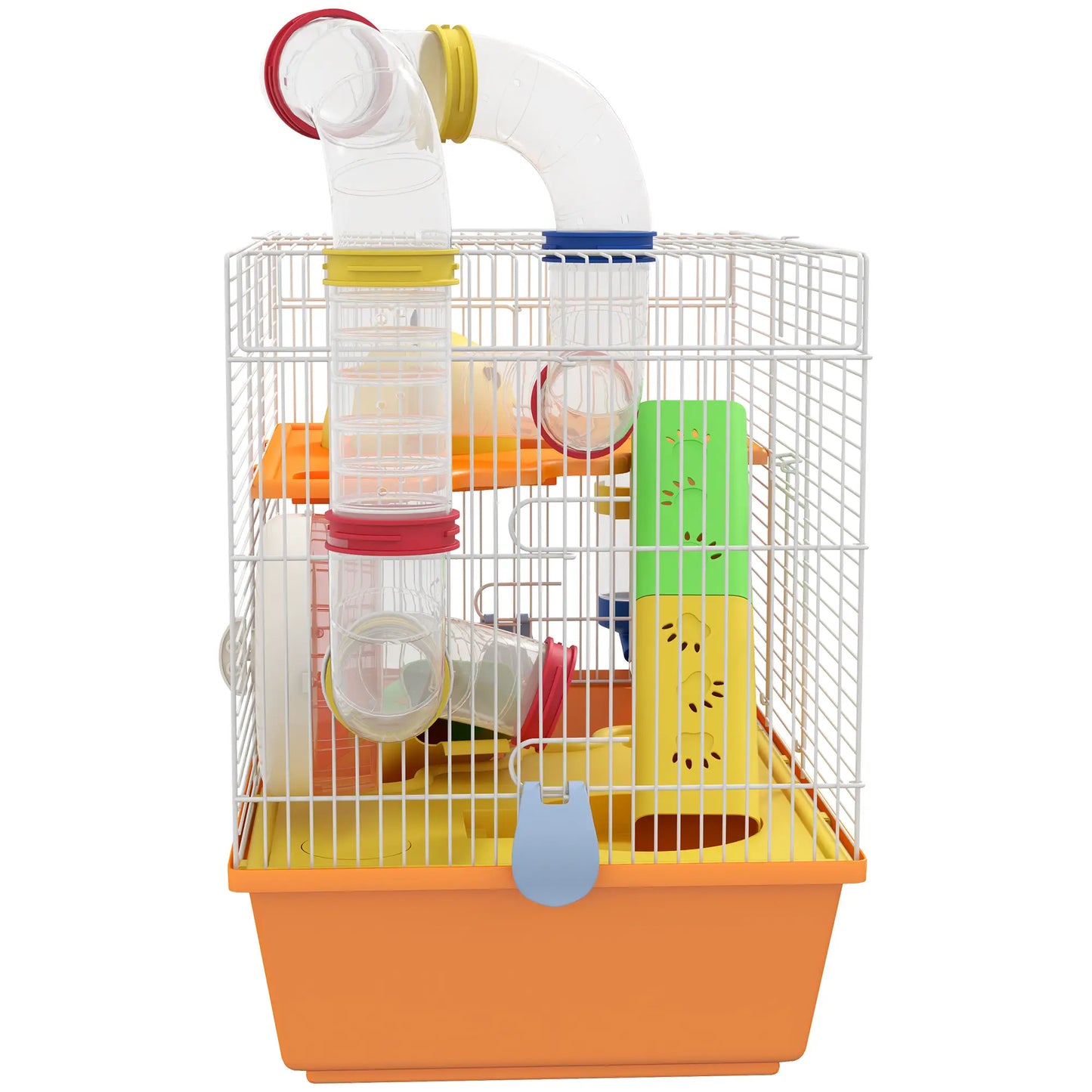 PawHut 3 Tiers Gerbil Cage, Hamster Cage with Tubes, Exercise Wheel, Ladder, Top Handle - Orange
