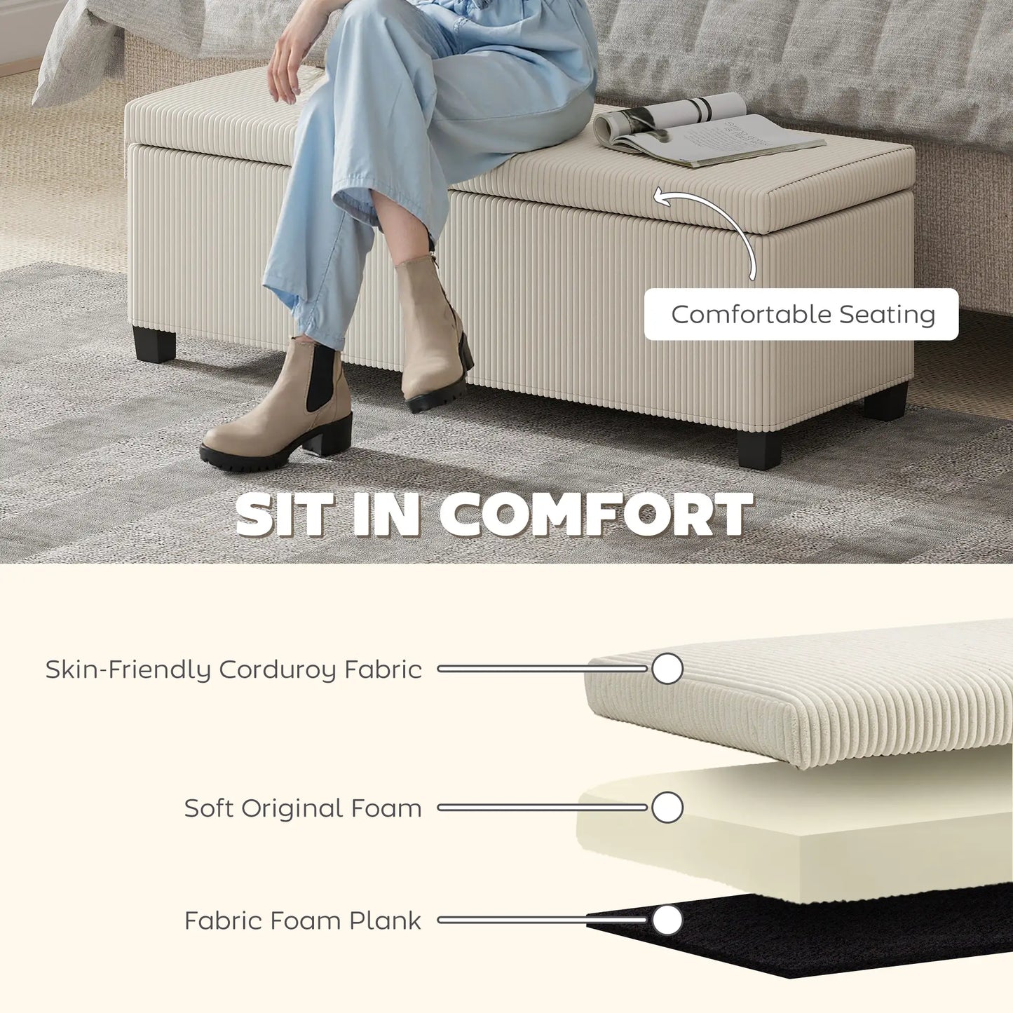 HOMCOM Storage Ottoman Bench, Corduroy Storage Chest Box with Wooden Legs, Bed End Bench, Beige