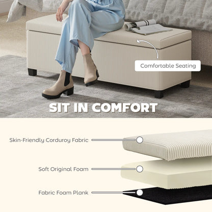 HOMCOM Storage Ottoman Bench, Corduroy Storage Chest Box with Wooden Legs, Bed End Bench, Beige