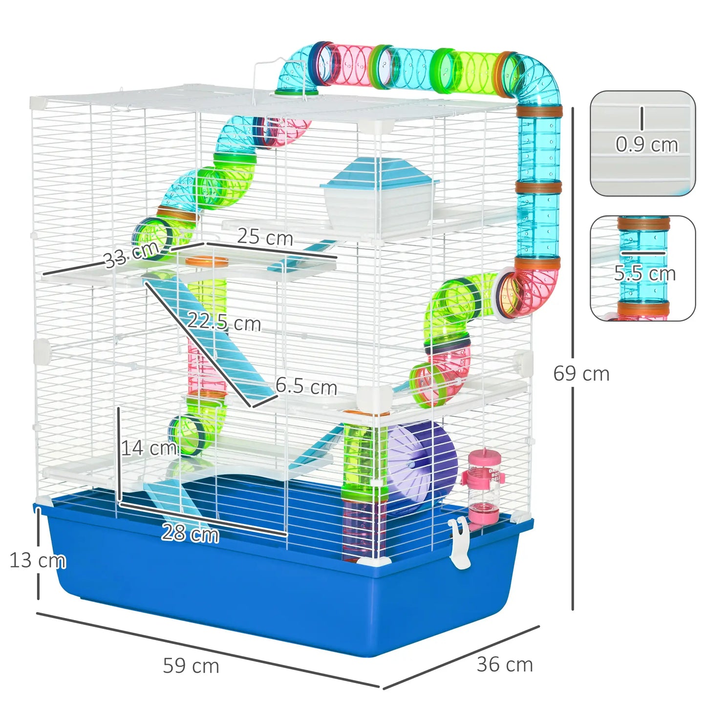 PawHut 5 Tier Hamster Cage, Gerbil Cage with Exercise Wheel, Feeder Bowl, Tube - Blue
