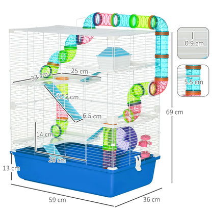 PawHut 5 Tier Hamster Cage, Gerbil Cage with Exercise Wheel, Feeder Bowl, Tube - Blue