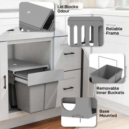 HOMCOM Pull Out Bin, Under Sink Bin - 2 x 15L Removable Compartments for 400mm Cabinets, Light Grey
