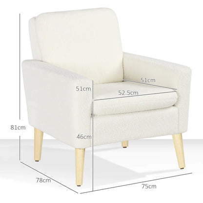 HOMCOM Armchair, Upholstered Accent Chair with Wood Legs & Wide Padded Seat, Teddy Occasional Chair, Cream White