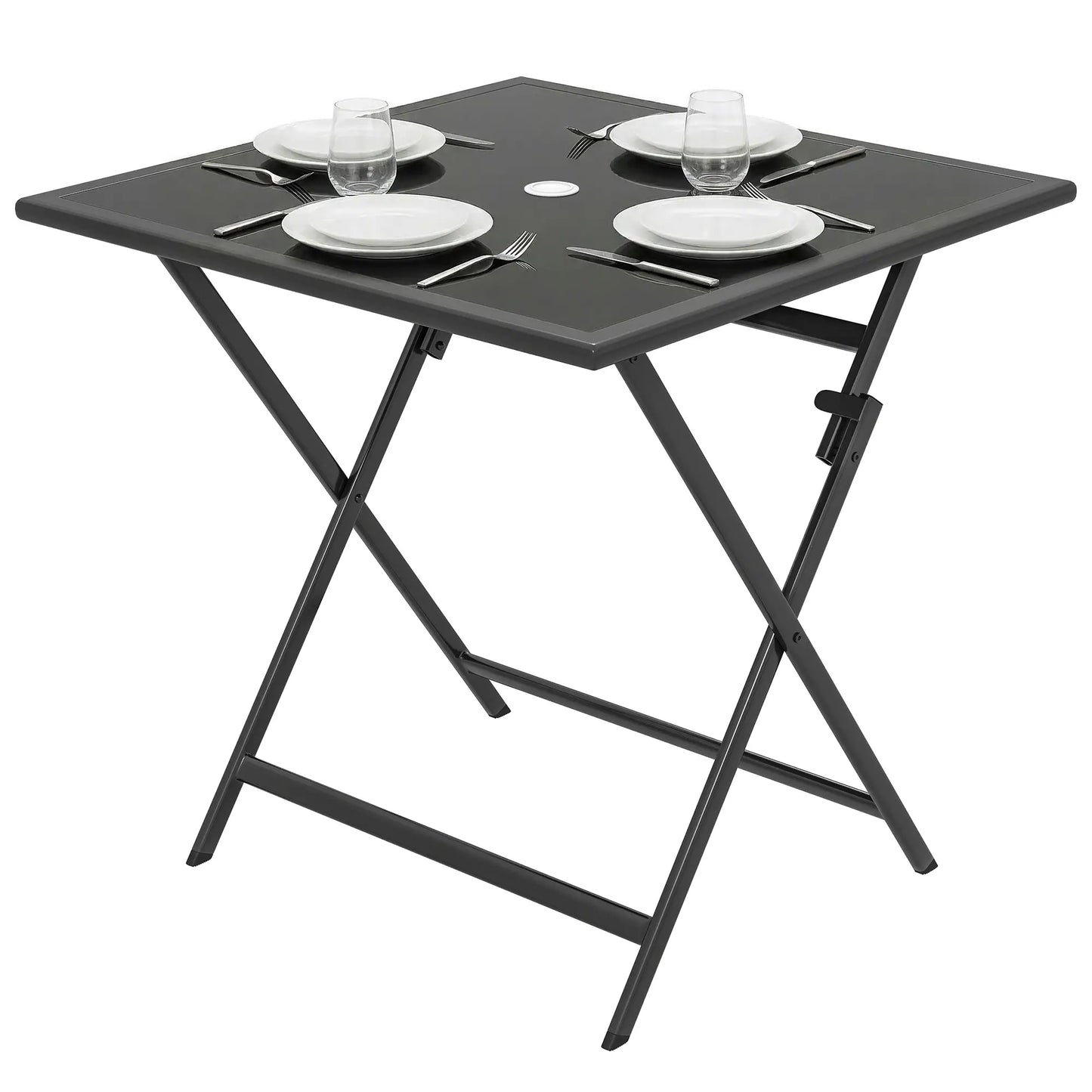 Outsunny Folding Outdoor Dining Table, Square Garden Patio Table Tempered Glass Top with Parasol Hole, Black