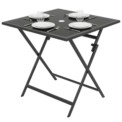 Outsunny Folding Outdoor Dining Table, Square Garden Patio Table Tempered Glass Top with Parasol Hole, Black