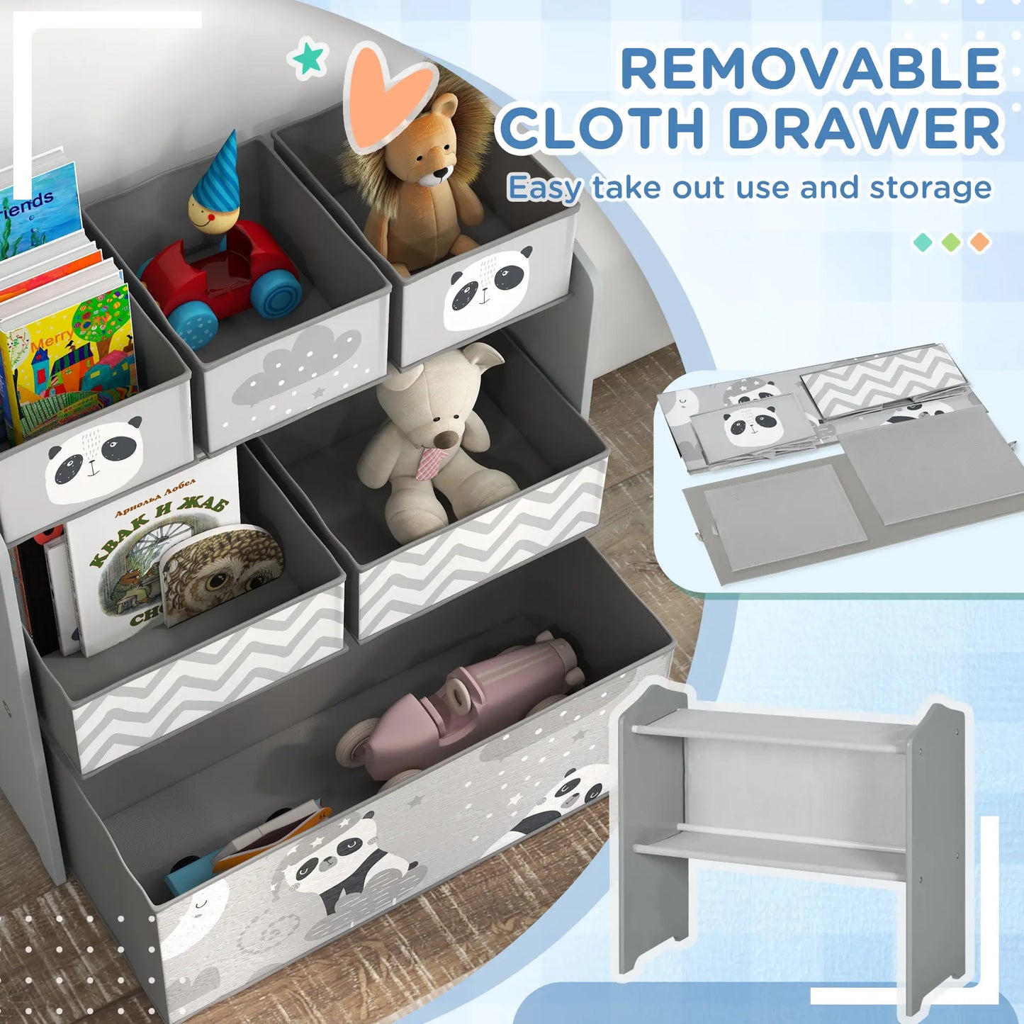 ZONEKIZ Kids Storage Unit, Toy Storage Organiser with Six Fabric Bins for Bedrooms, Playrooms - Grey