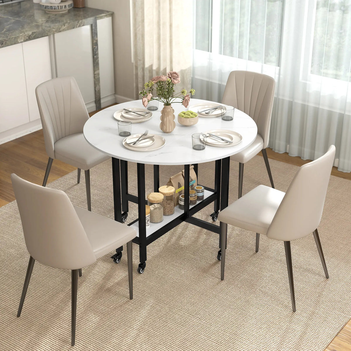 HOMCOM Folding Dining Table, Drop Leaf Table with Open Shelf, Rolling Kitchen Table for Small Spaces, White Marble