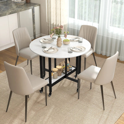 HOMCOM Folding Dining Table, Drop Leaf Table with Open Shelf, Rolling Kitchen Table for Small Spaces, White Marble