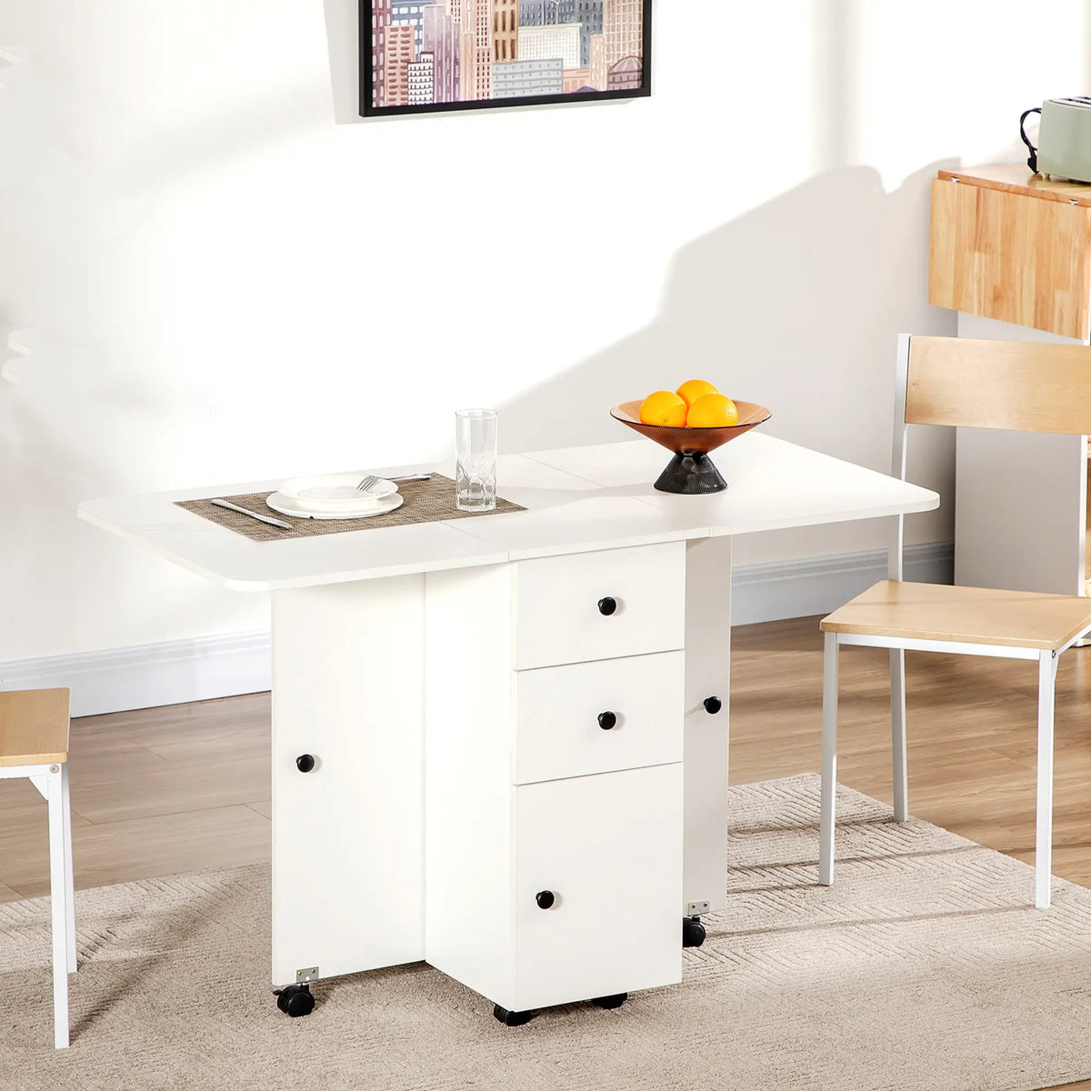 HOMCOM Kitchen Multi-Storage Six-Person Drop Leaf Dining Table - White