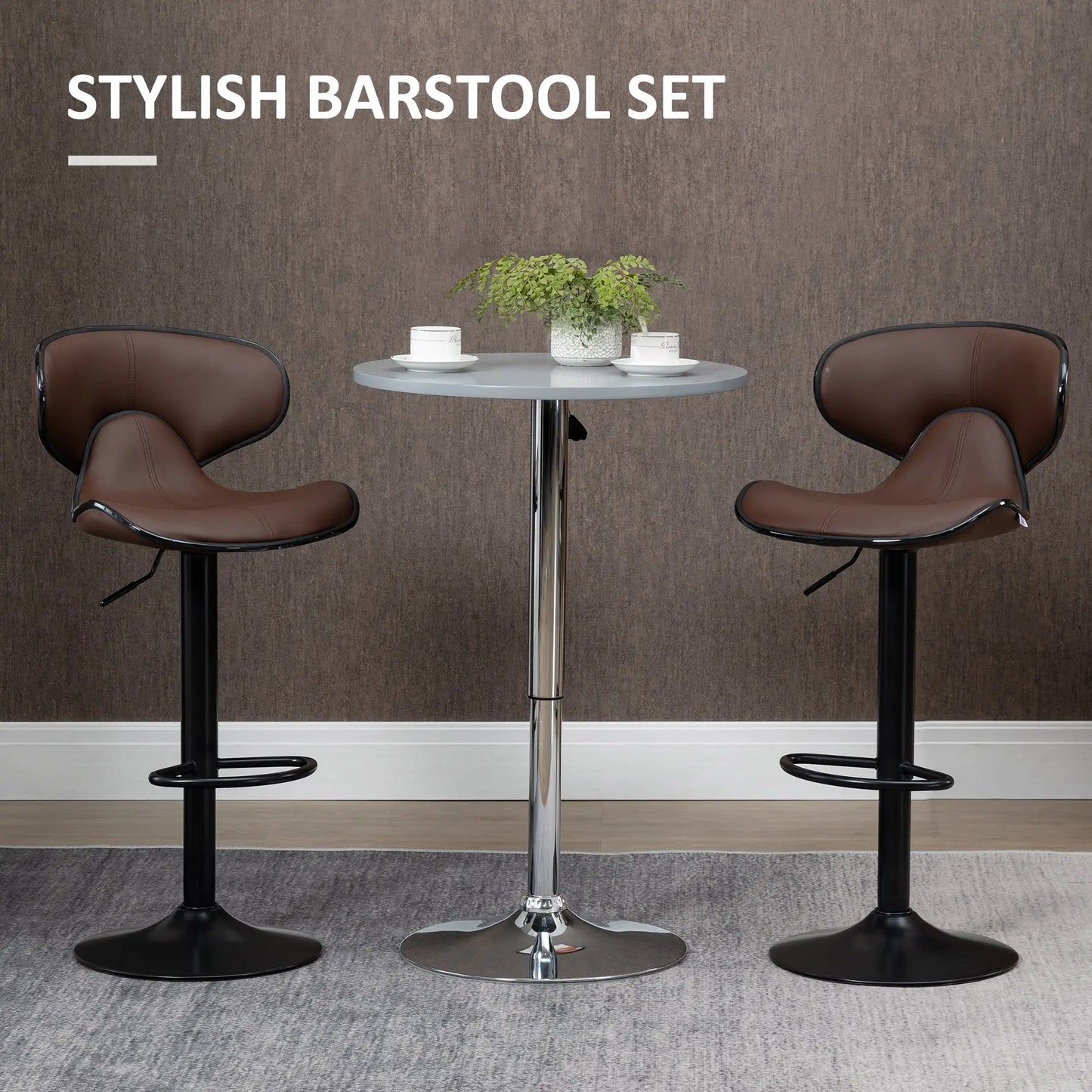 HOMCOM Adjustable Swivel Bar Stools Set of 2, Barstools with Footrest and Backrest, Steel Frame Gas Lift, for Kitchen, Dining Room, Brown