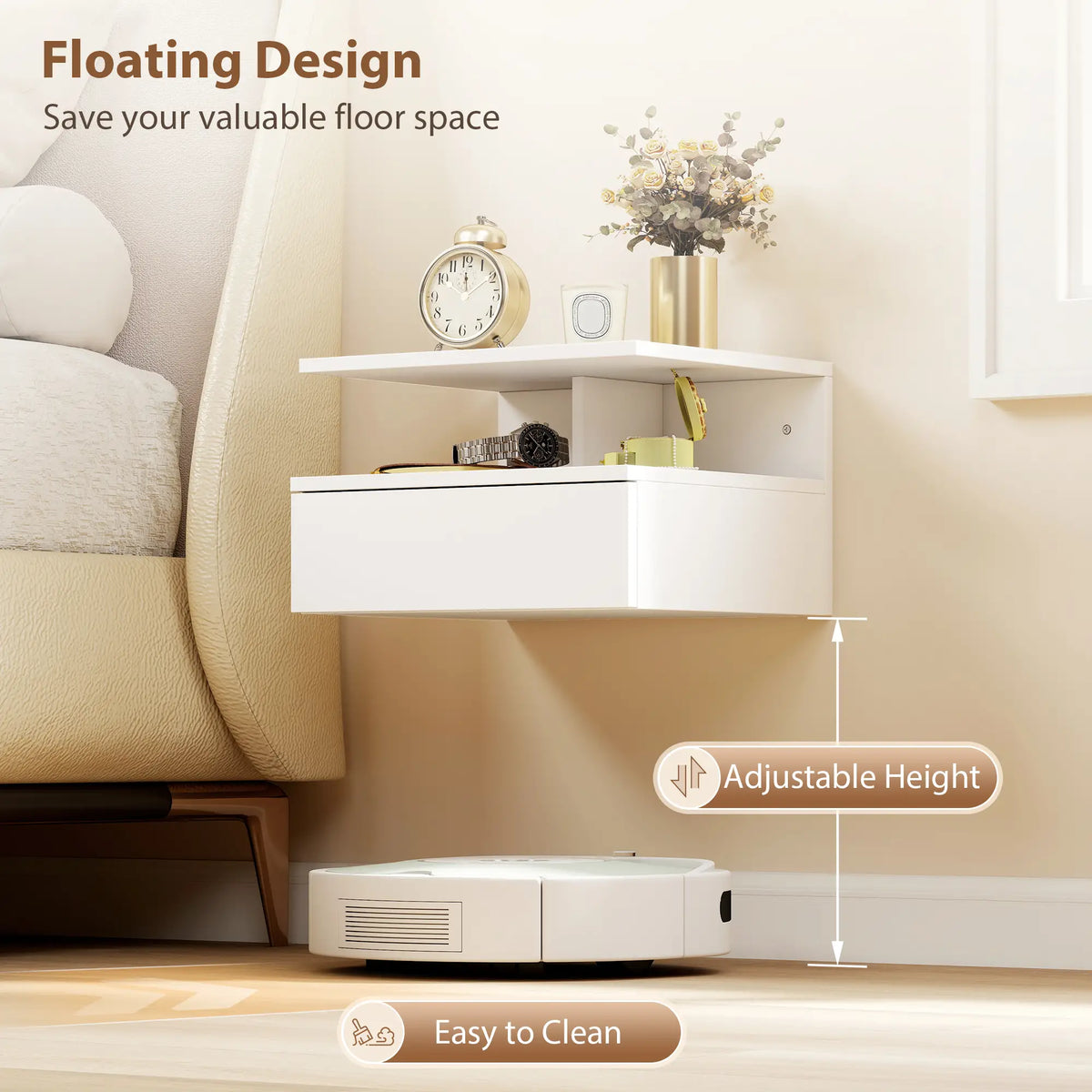 HOMCOM Set of Two Floating Bedside Tables Wall-Mounted Side Table - White