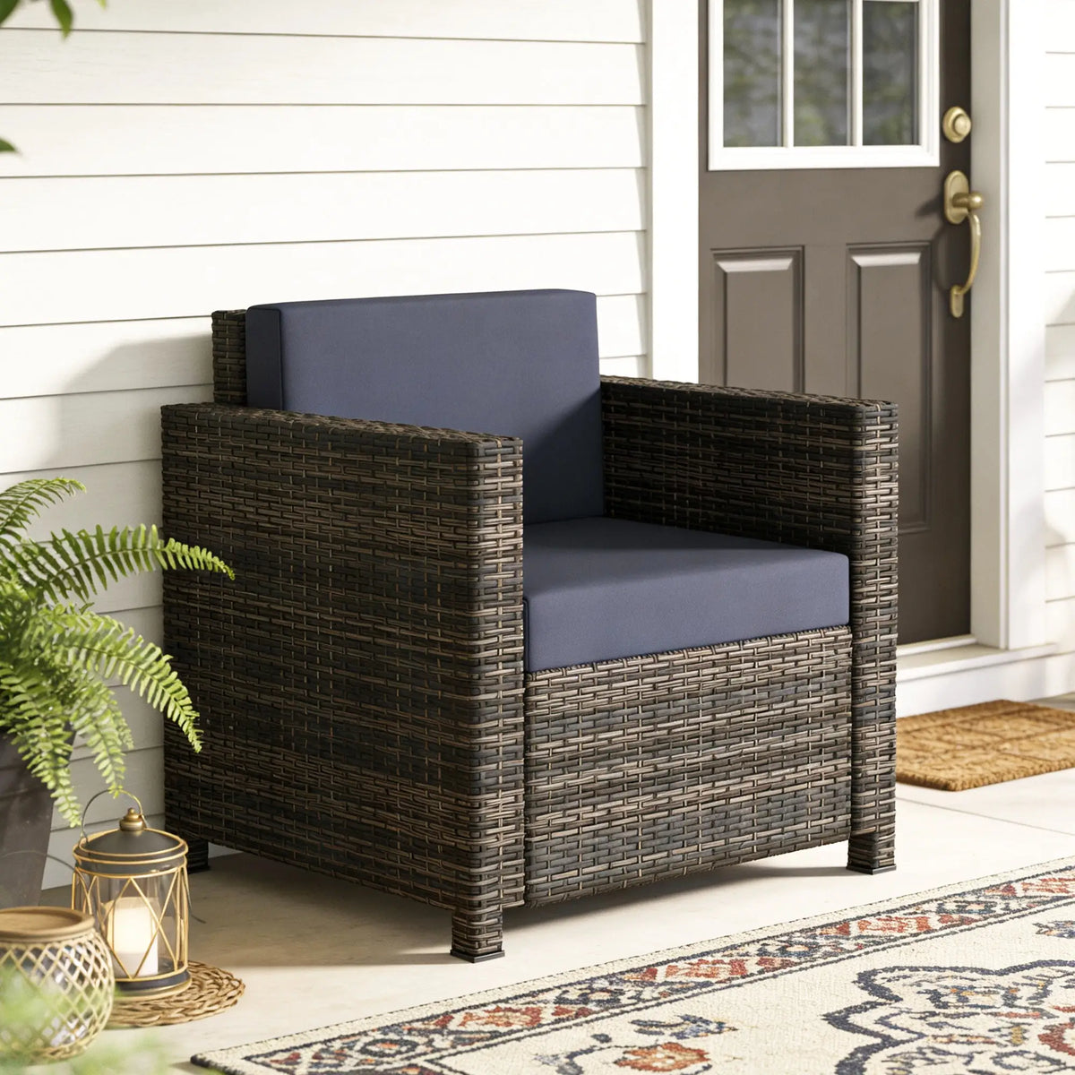 Outsunny PE Rattan Garden Armchair with Cushion - Mixed Brown/Navy Blue