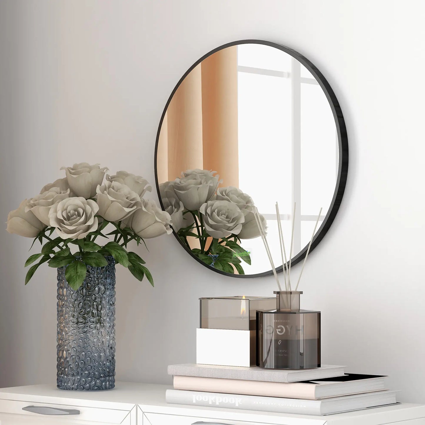 kleankin Round Bathroom Mirror, Modern Wall-Mounted Makeup Mirror with Aluminium Frame for Washroom Living Room, Black