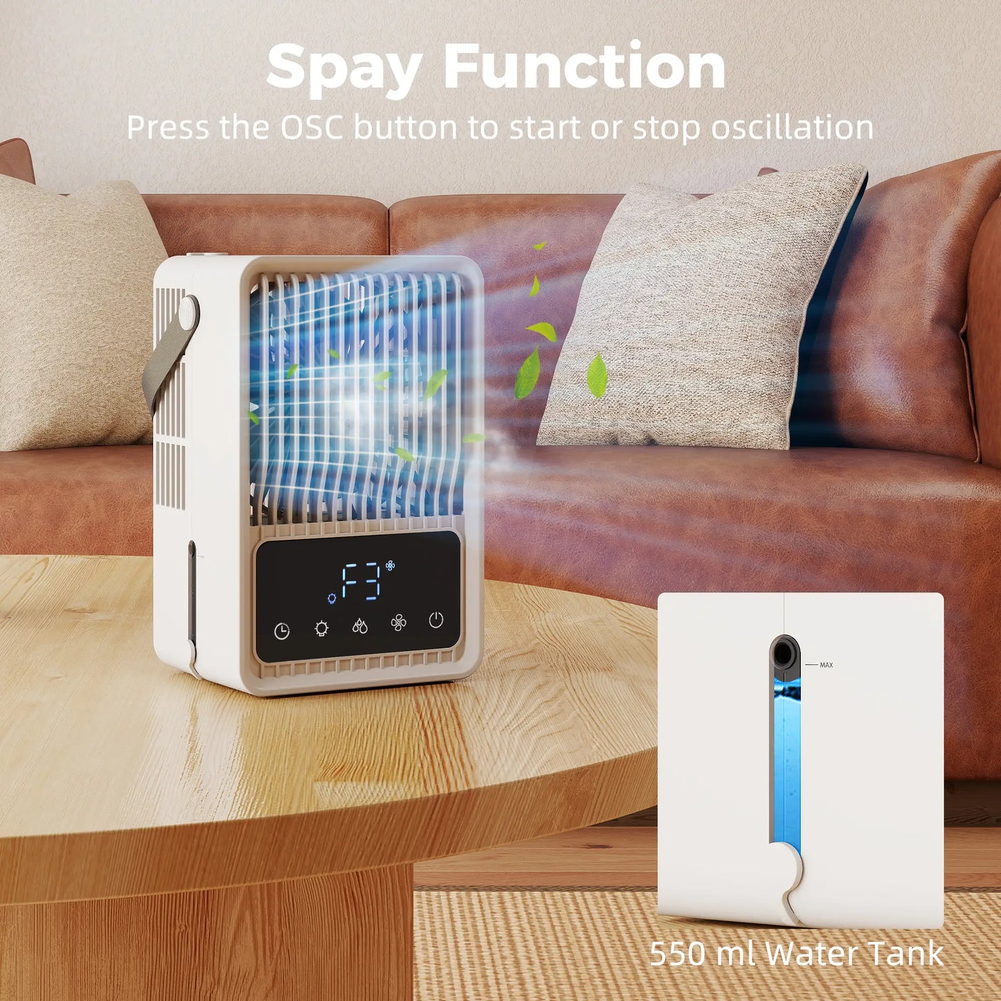 HOMCOM Mini Desk Fan with Humidifier & RGB Light Portable Table Fan with 550ml Water Tank