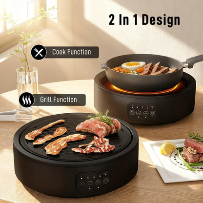 HOMCOM Electric Ceramic Hob with Grill Plate, Multifunctional with 4 Heat Levels for All Type Pot