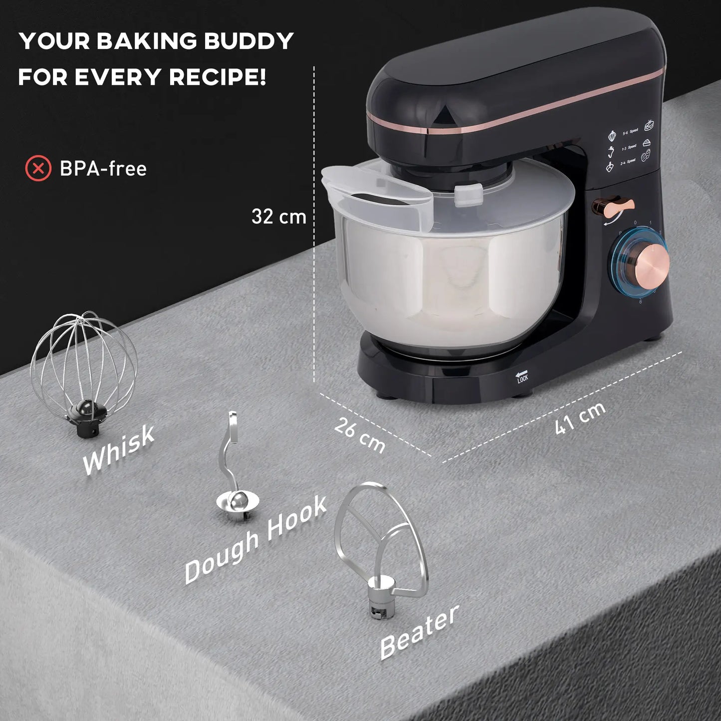 HOMCOM 5L Food Mixer for Baking, 6 Speeds and Pulse Setting, 1400W Electric Kitchen Stand Mixer with Stainless Steel Bowl, Black