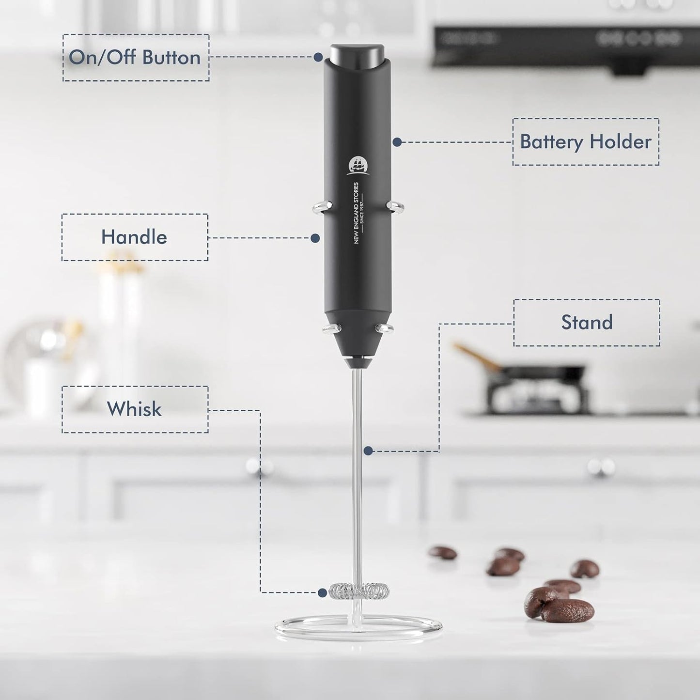 Powerful Milk Frother Handheld Foam Maker, Mini Whisk Drink Mixer for Coffee with Stand, Black