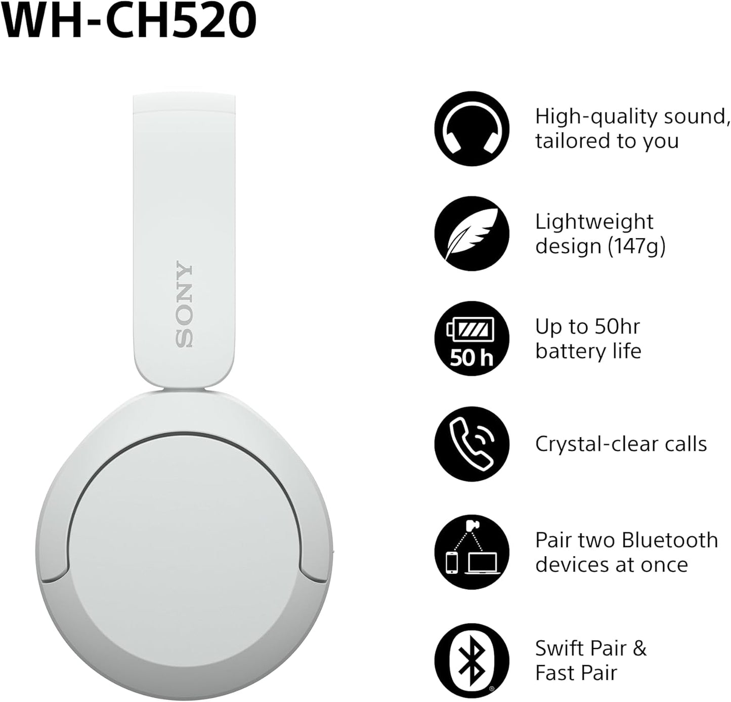 Sony WH-CH520 Wireless Bluetooth On-Ear Headphones, Lightweight, Up to 50hr Battery, iOS & Android - White