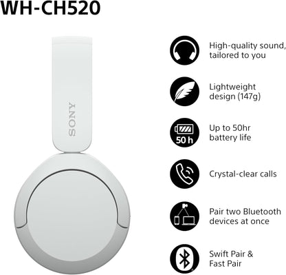 Sony WH-CH520 Wireless Bluetooth On-Ear Headphones, Lightweight, Up to 50hr Battery, iOS & Android - White