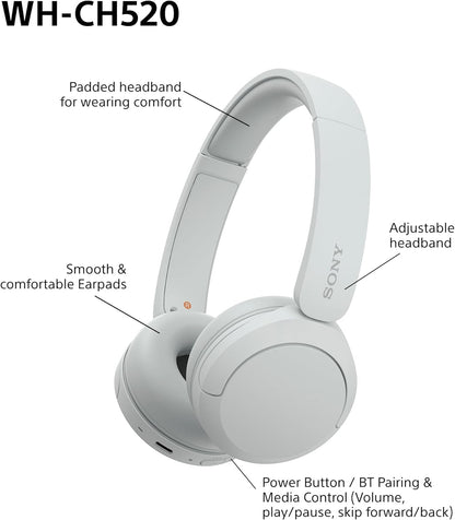 Sony WH-CH520 Wireless Bluetooth On-Ear Headphones, Lightweight, Up to 50hr Battery, iOS & Android - White