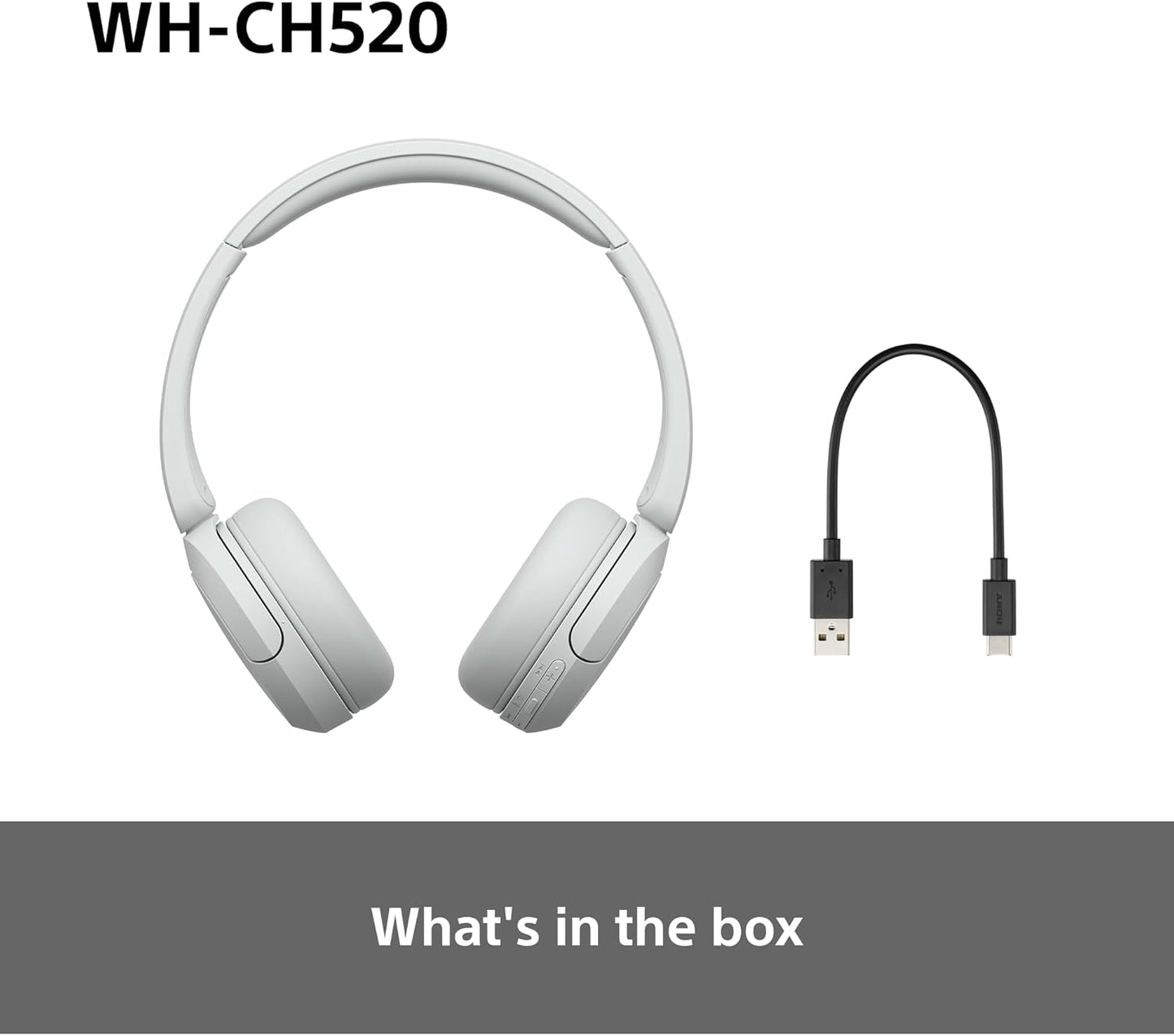 Sony WH-CH520 Wireless Bluetooth On-Ear Headphones, Lightweight, Up to 50hr Battery, iOS & Android - White