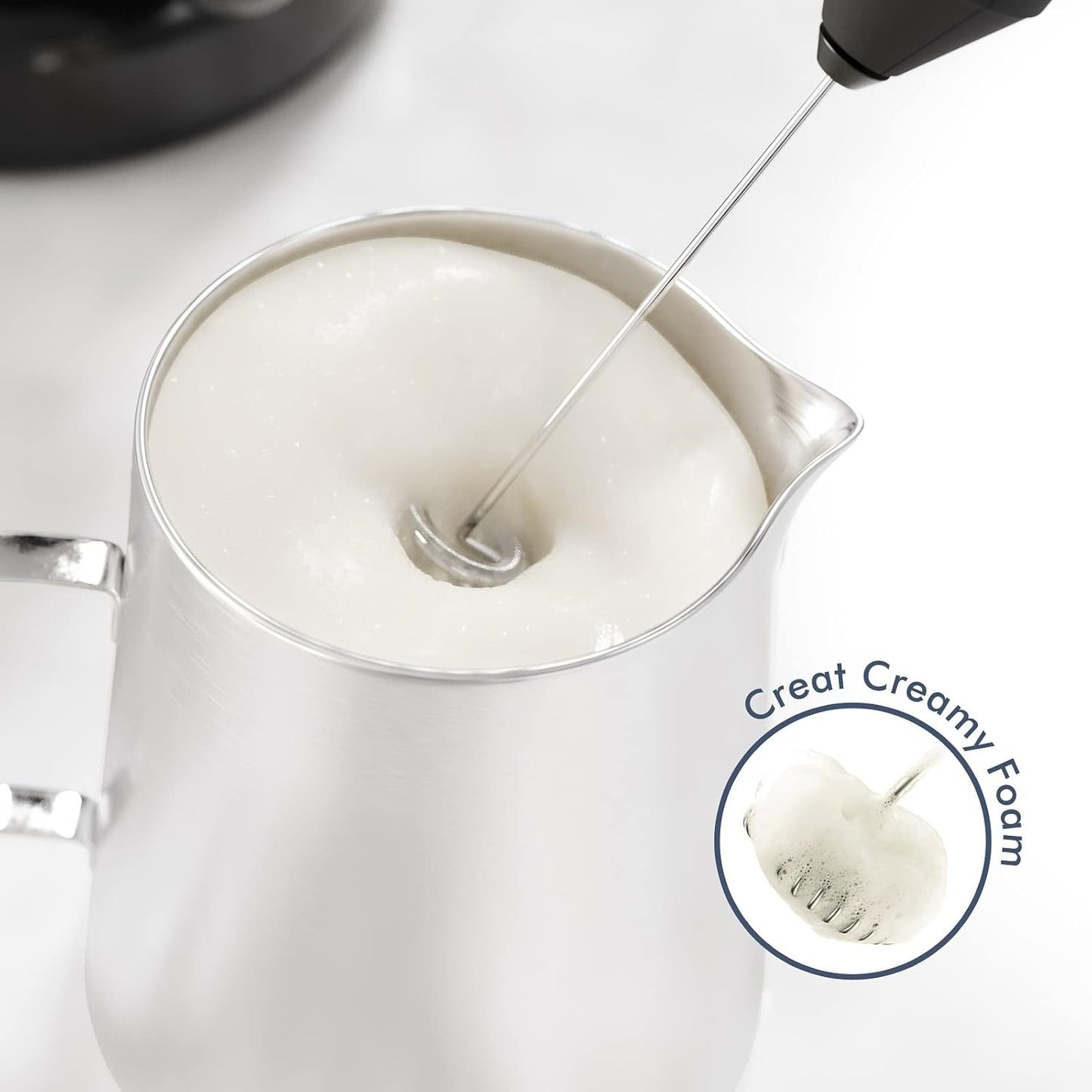 Powerful Milk Frother Handheld Foam Maker, Mini Whisk Drink Mixer for Coffee with Stand, Black