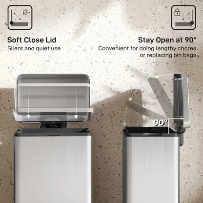 HOMCOM 20L Kitchen Bin with Soft-Close Lid & Stay-Open Function with Pedal & Removable Inner Bucket, Silver Tone