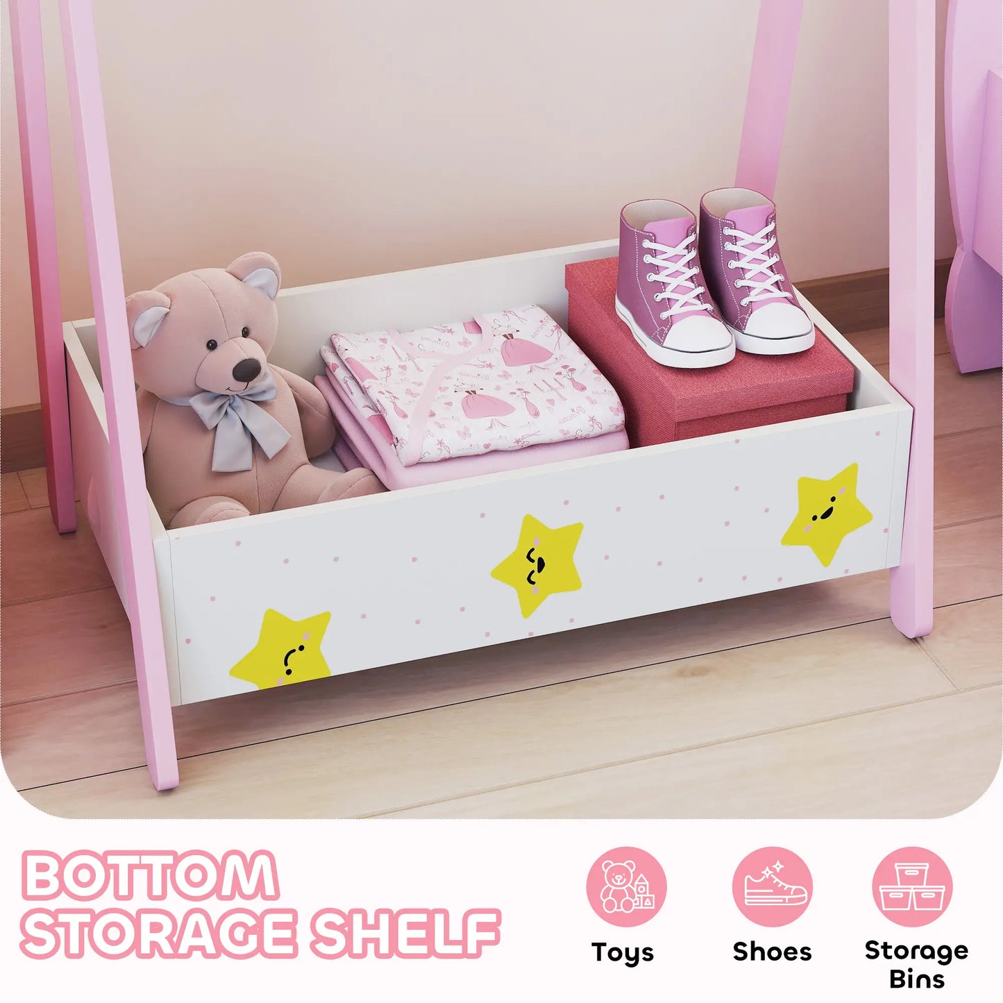 AIYAPLAY Kids Baby Clothing Rack with Hangers, Storage Shelf, Star Theme for Ages 3-6, Pink
