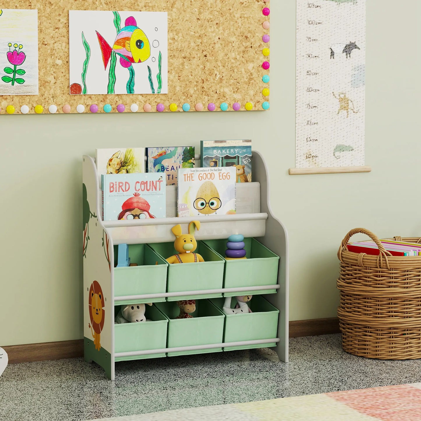 AIYAPLAY Kids Storage Unit, Toy Organiser with 6 Fabric Drawers & 2-Tier Book Rack for Bedroom, Playroom, Green