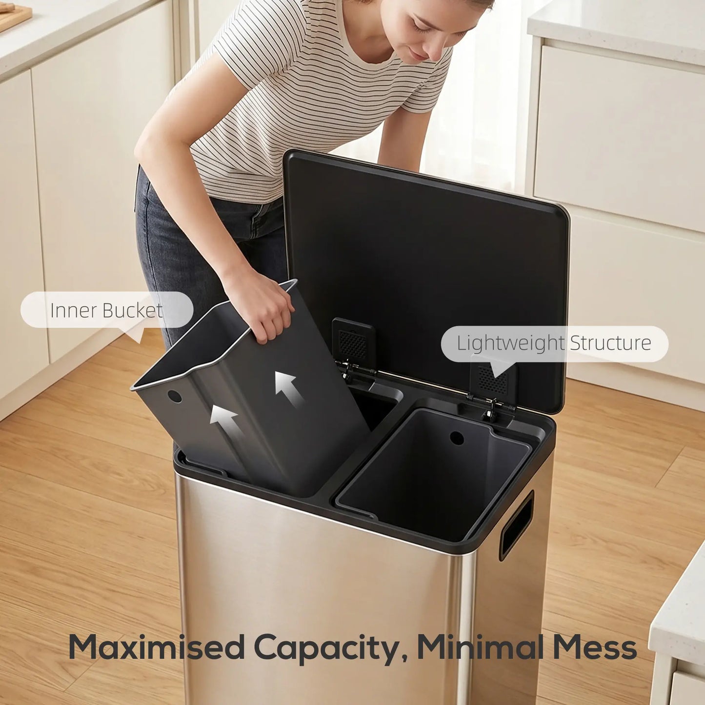 HOMCOM 60L Dual Compartment Stainless Steel Bin with Deodoriser Holders - Silver Tone
