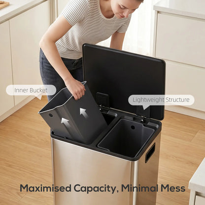 HOMCOM 60L Dual Compartment Stainless Steel Bin with Deodoriser Holders - Silver Tone
