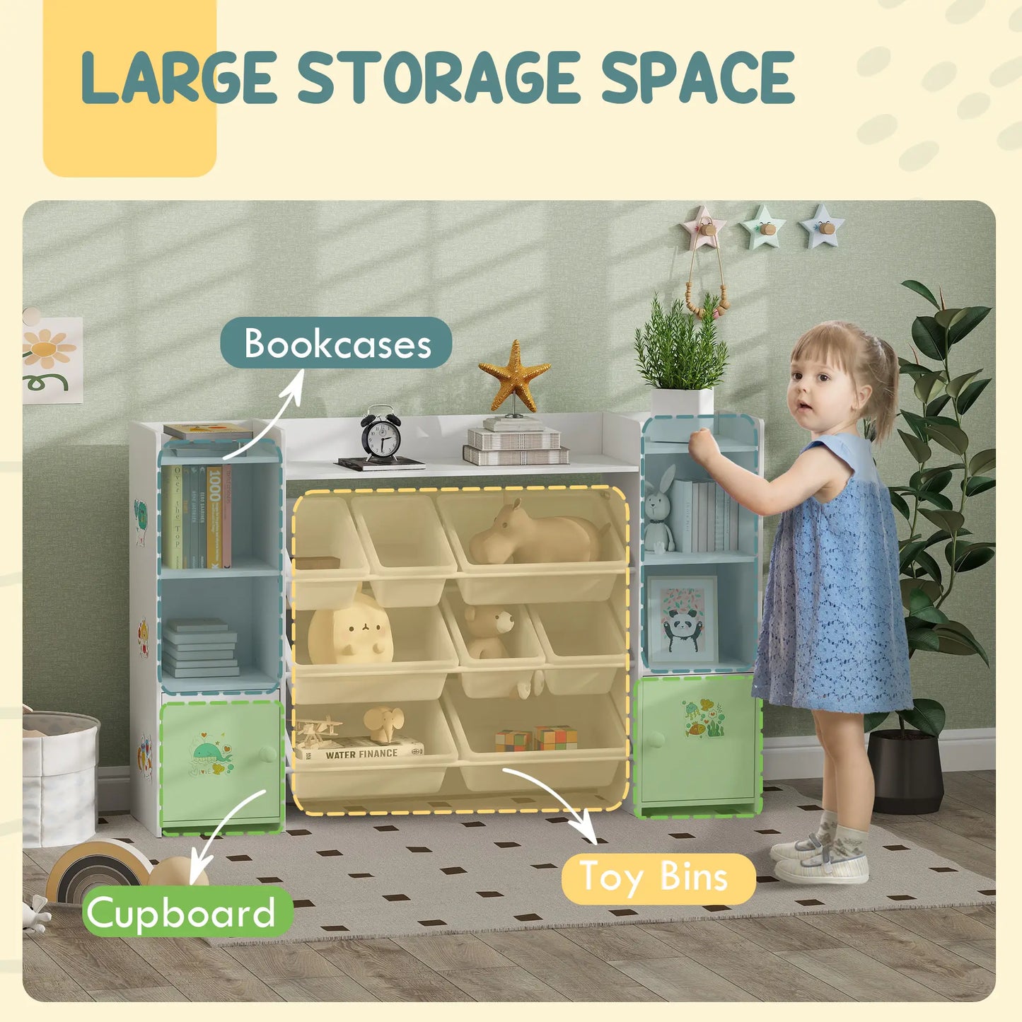 AIYAPLAY Kids Toy Organizers with 8 Removable Storage Bins and Bookshelf, White
