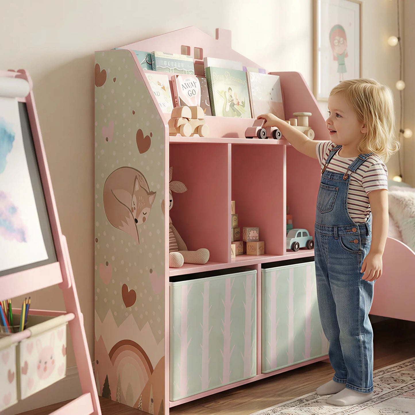 AIYAPLAY Kids Bookshelf with Toy Storage, Book Shelves and Fabric Drawers for Playroom, Pink
