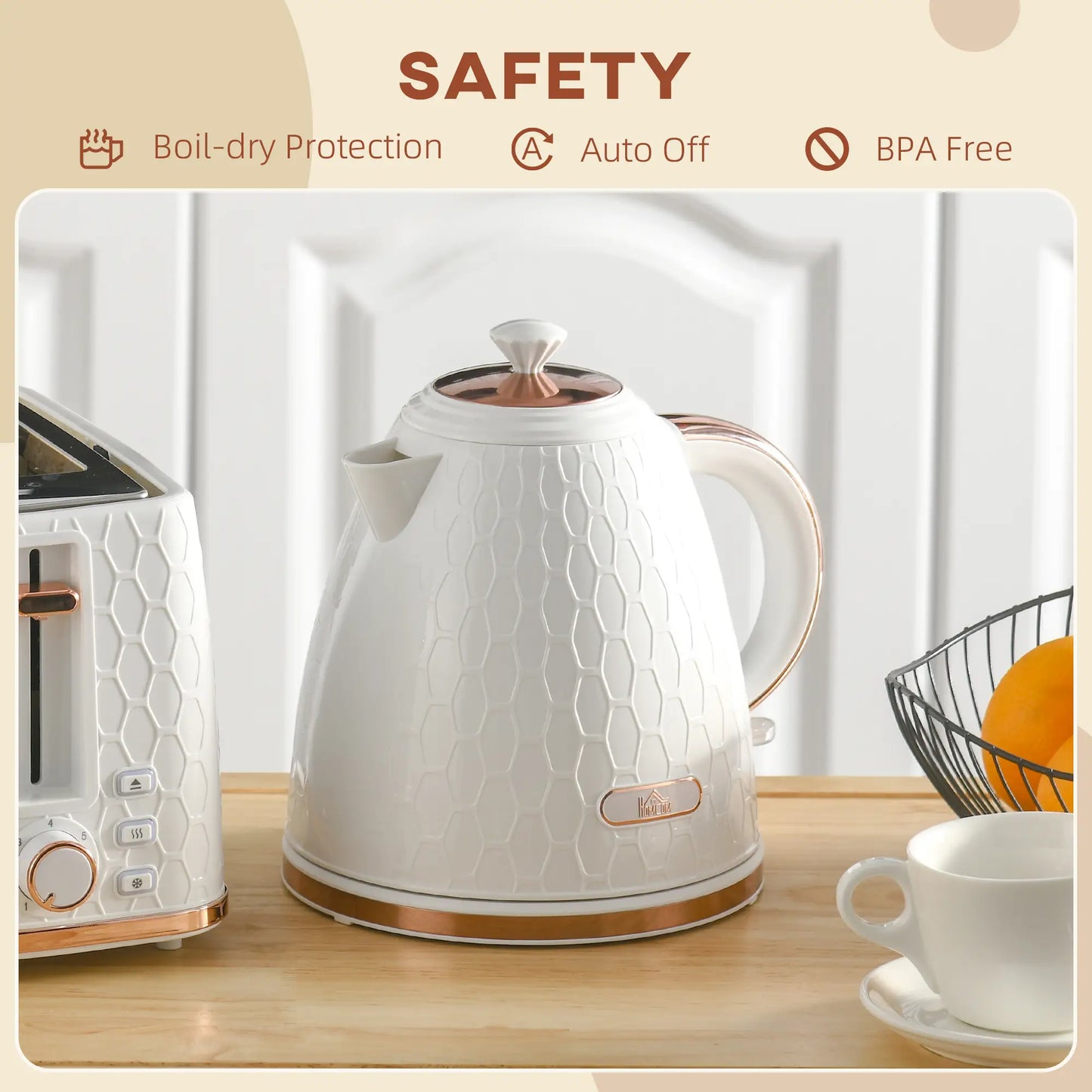 HOMCOM 3kW Rapid Boil Honeycomb Electric Kettle, 1.7L - Cream