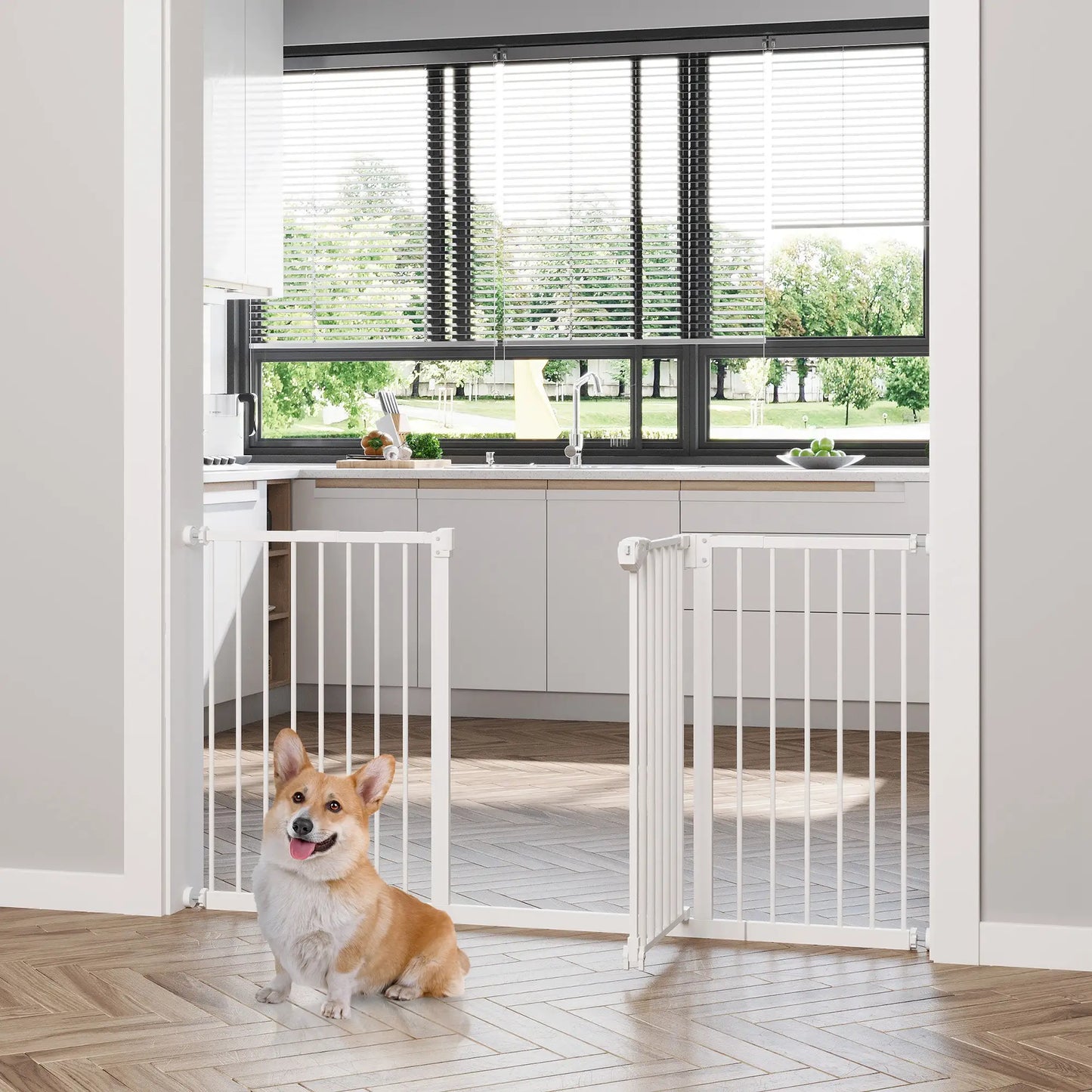 PawHut Dog Gate Stair Gate Pressure Fit Pets Barrier Auto Close for Doorway Hallway, 74-148cm Wide Adjustable