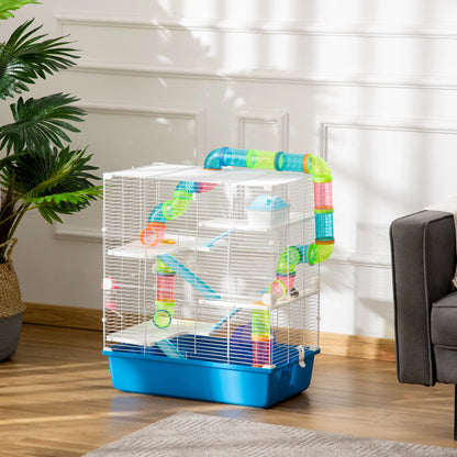 PawHut 5 Tier Hamster Cage, Gerbil Cage with Exercise Wheel, Feeder Bowl, Tube - Blue